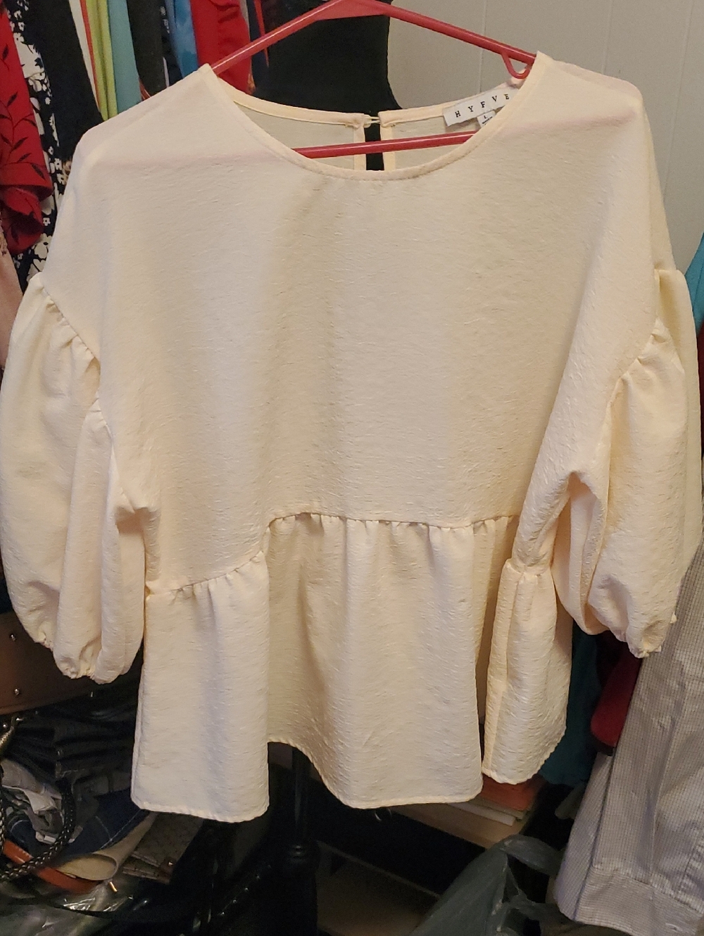 HYFVE Cream Peplum Puff-Sleeve Blouse